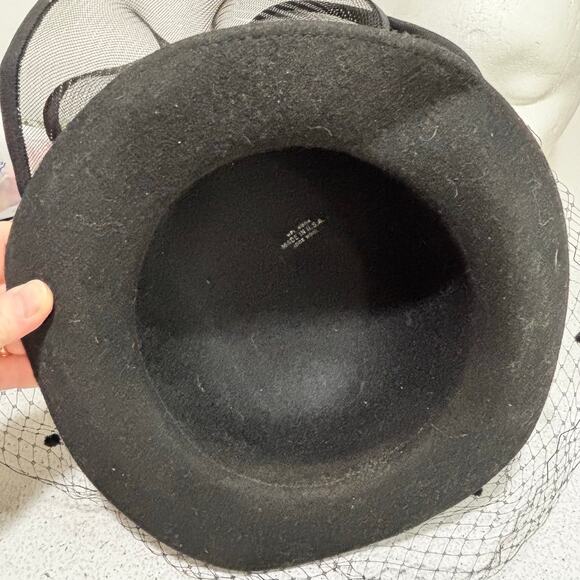 Dressy black felted wool hat large netting bowl & mesh fascinator made in USA main image 4